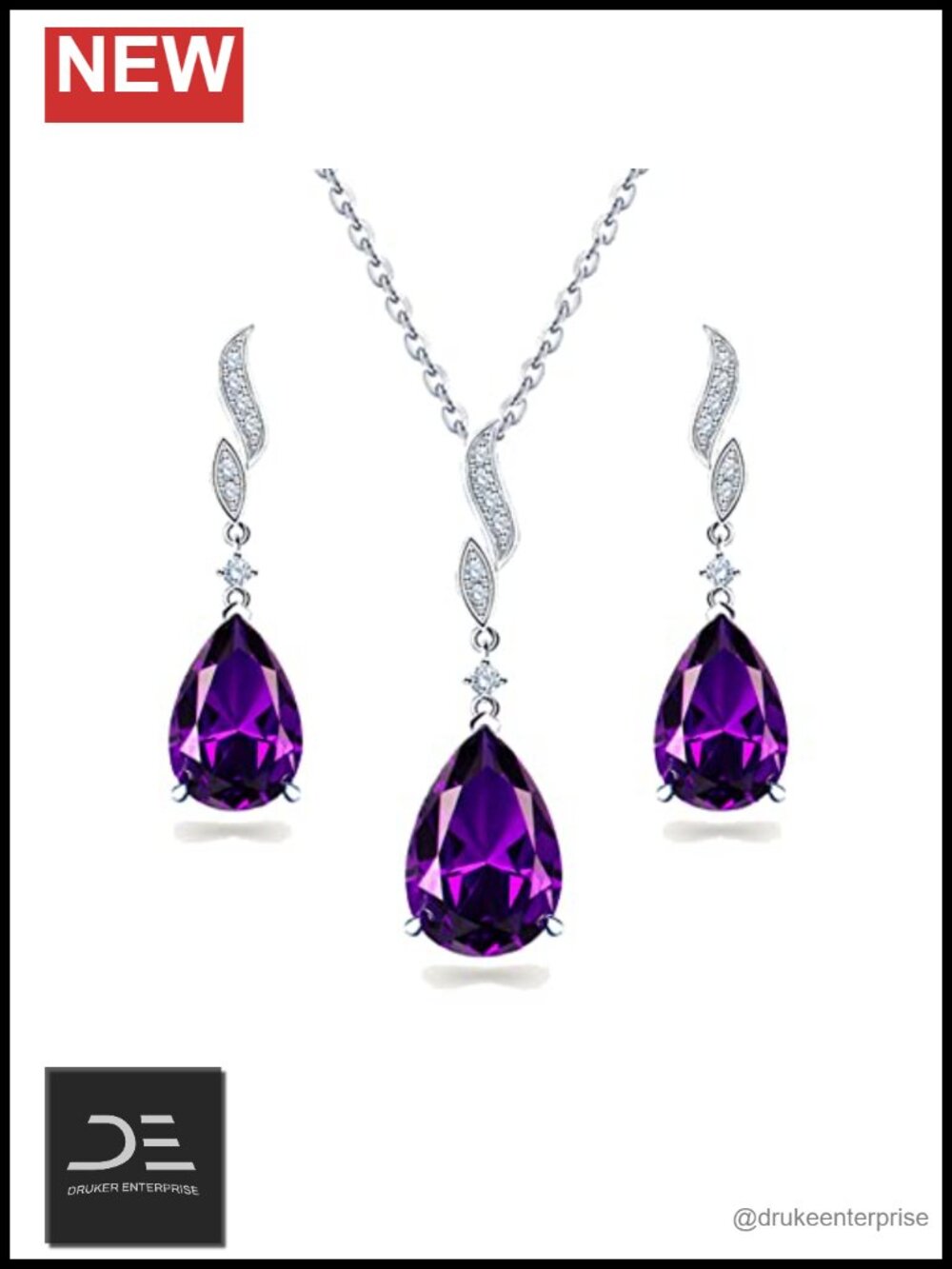 Sterling Silver Pear Amethyst Jewelry Set Necklace Earrings